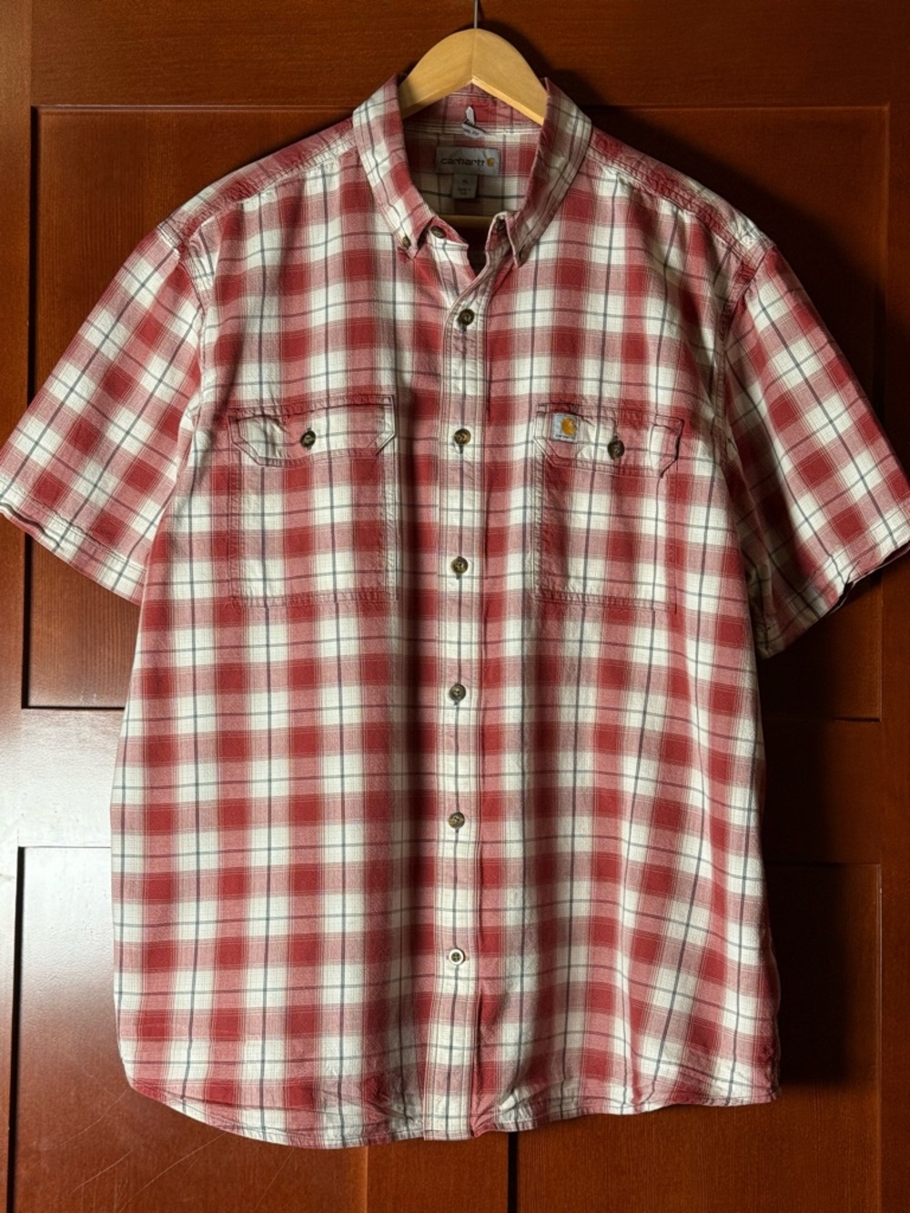 Carhartt Men’s Red and White Plaid Short-Sleeve Button-Down Cotton Shirt XL